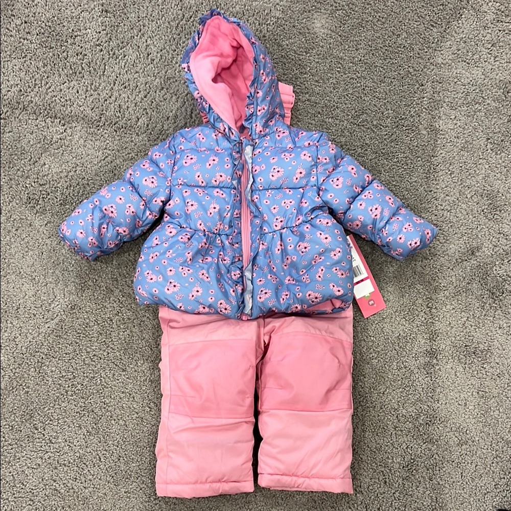 Wippette Pink and Blue Puffer Jacket with pink snow bib overalls size 18 months